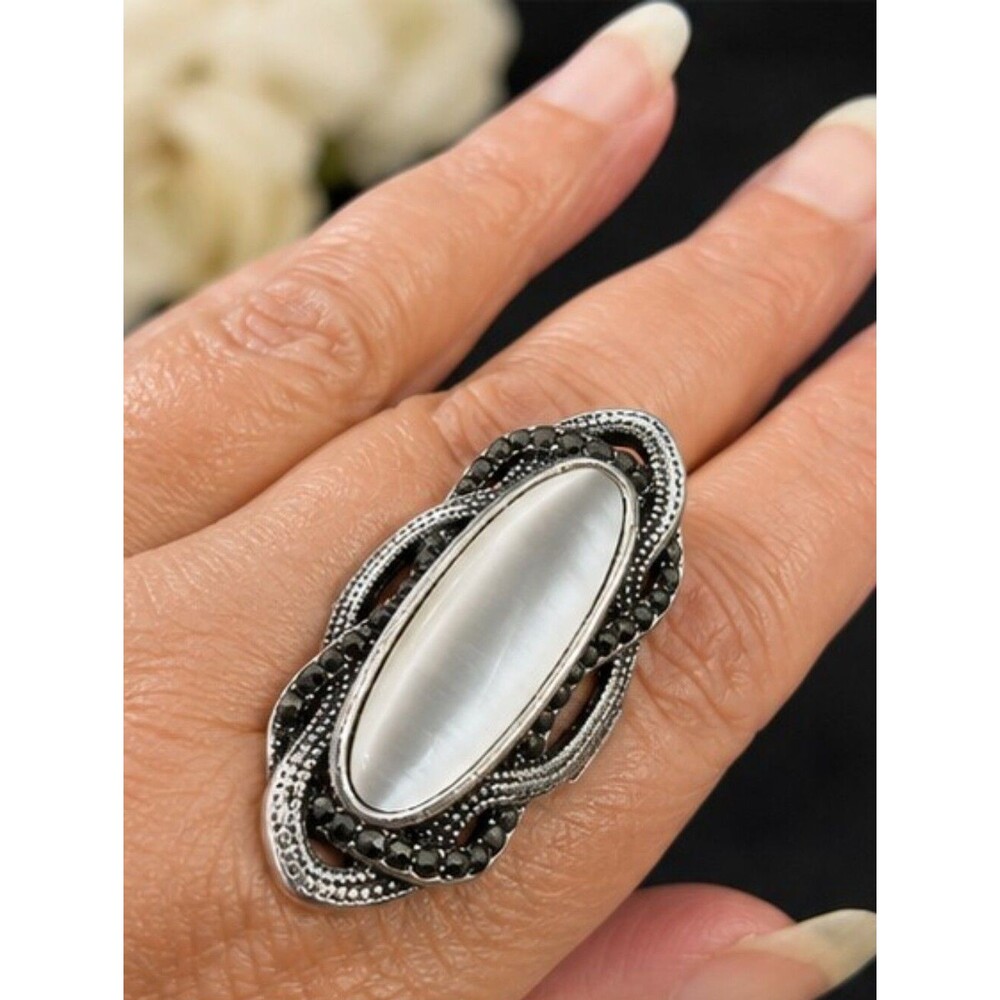 Vintage Style White Cat's Eye Ring Sz. 6 Rhodium Plated Stainless Steel Marcasit